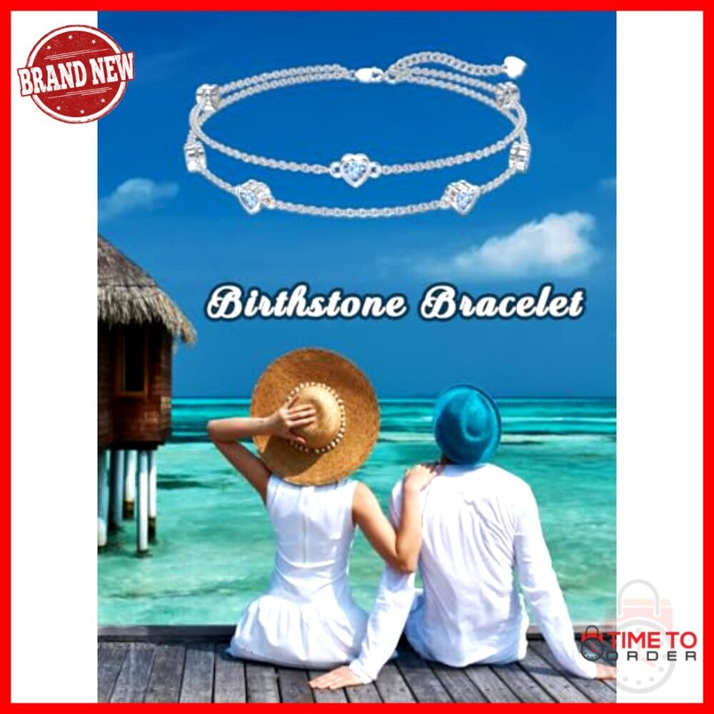 Sterling Silver Heart Birthstone Anklet Bracelet Elegant Adjustable Link Chain - Picture 6 of 7